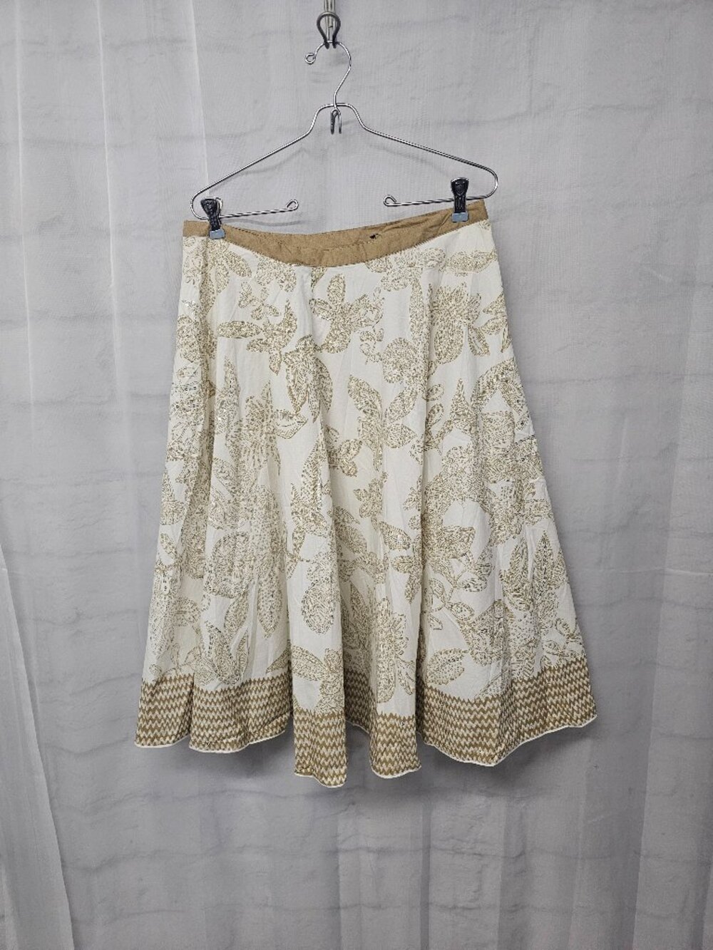 A.N.A. Skirt Tan Cream Floral Midi A-Line Boho Sequins Peasant Festival 8